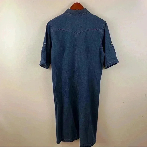 VTG Denim M Midi Shirt Dress Short Sleeve Western Y2K Snap Front Modest - Picture 6 of 6